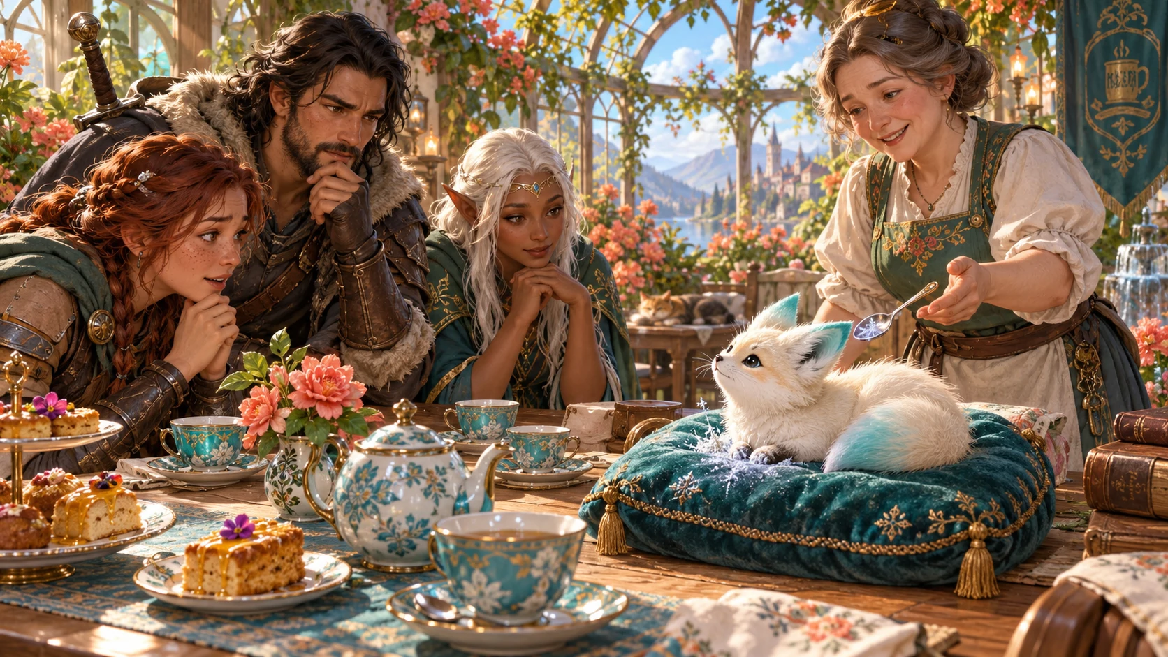 Fantasy adventurers consider a small white creature resting on a cushion at a welcoming tea table while a host offers reassurance.
