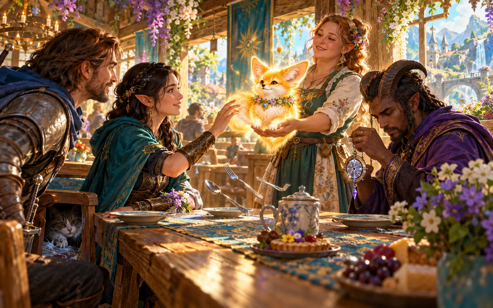A smiling host holds a glowing small creature while adventurers notice floating cutlery and inspect a suspended crystal at a tea table.