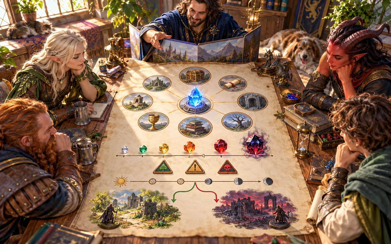 A Dungeon Master and companions review a tabletop diagram of harmless subjects, six coloured risk levels, timing and two possible paths.